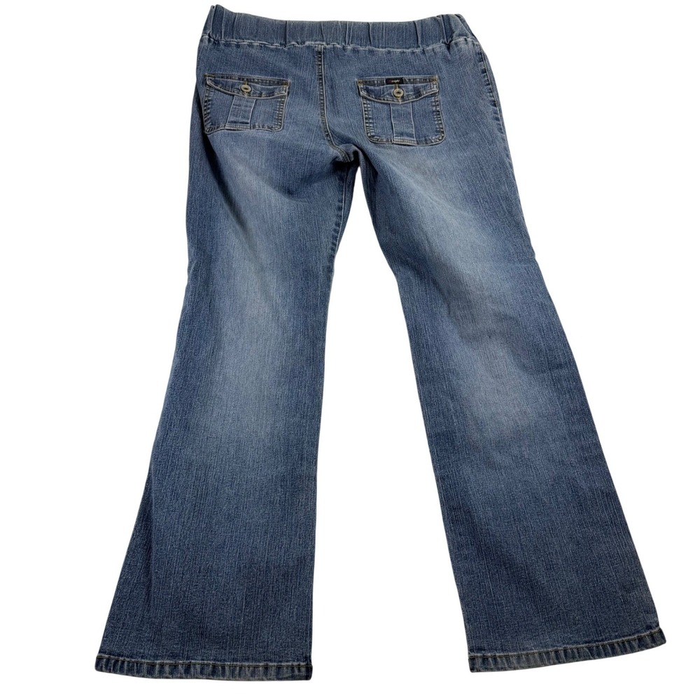 Angels Womens Medium Wash Pull On Flare Jeans Front Seam Flap Pockets Size M
